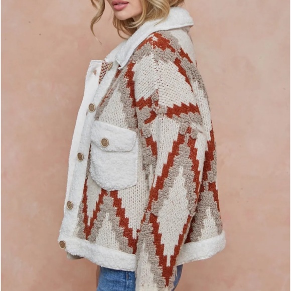 Sweaters - #48 Orange cream Tribal Aztec Bohemian fluffy pocket button teddy shacket coat